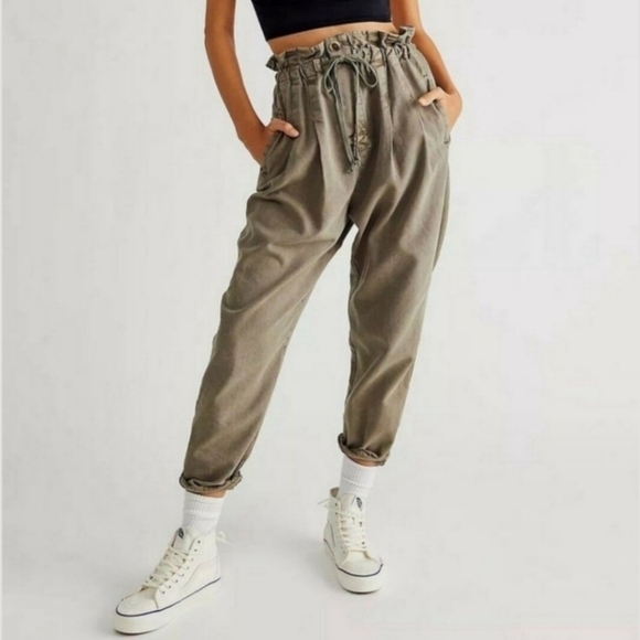 Free People Pants - Free People Margate Olive Green High Rise Paperbag Pleated Trouser Pants